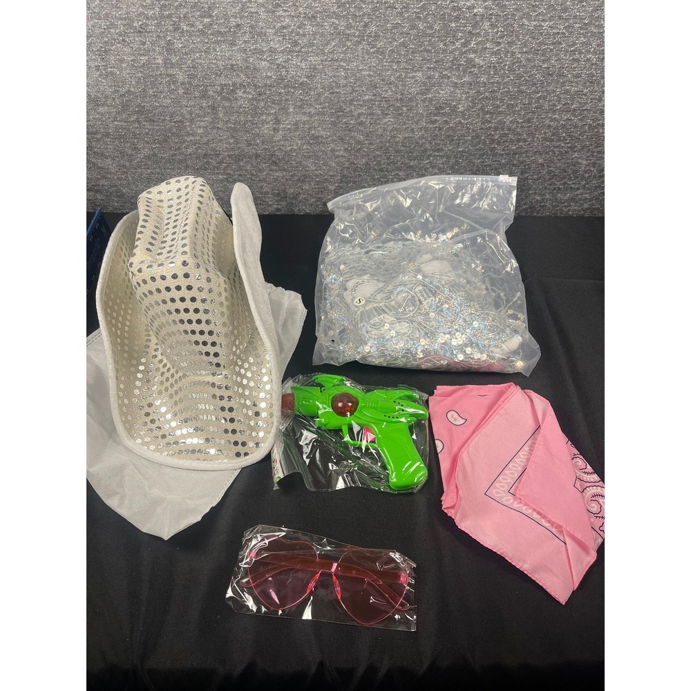 Space Cowgirl Costume Set White Sequin Hat Fringe Skirt Sunglasses Pink Bandana